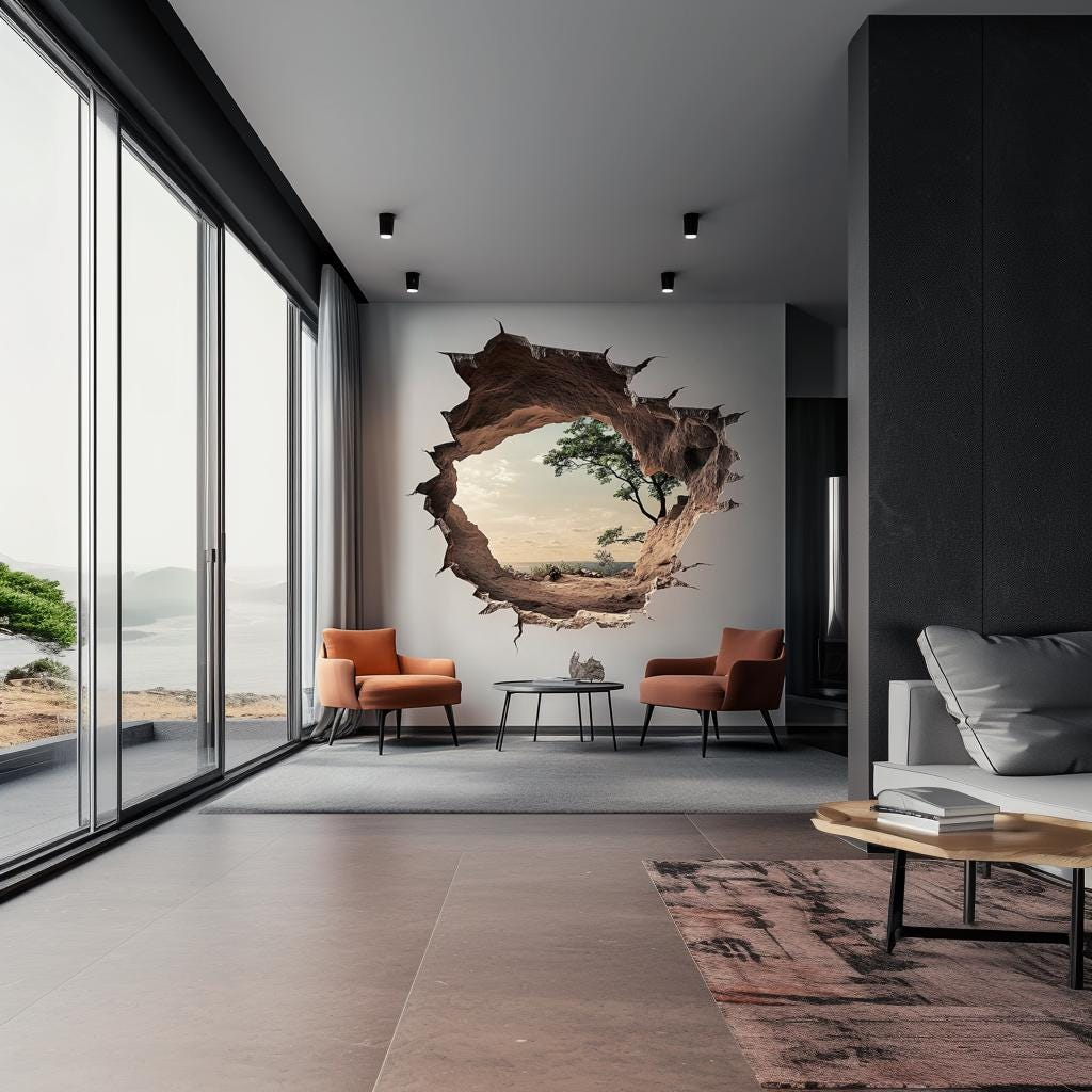 3D Cracked Wall Decal – Realistic Nature View Mural