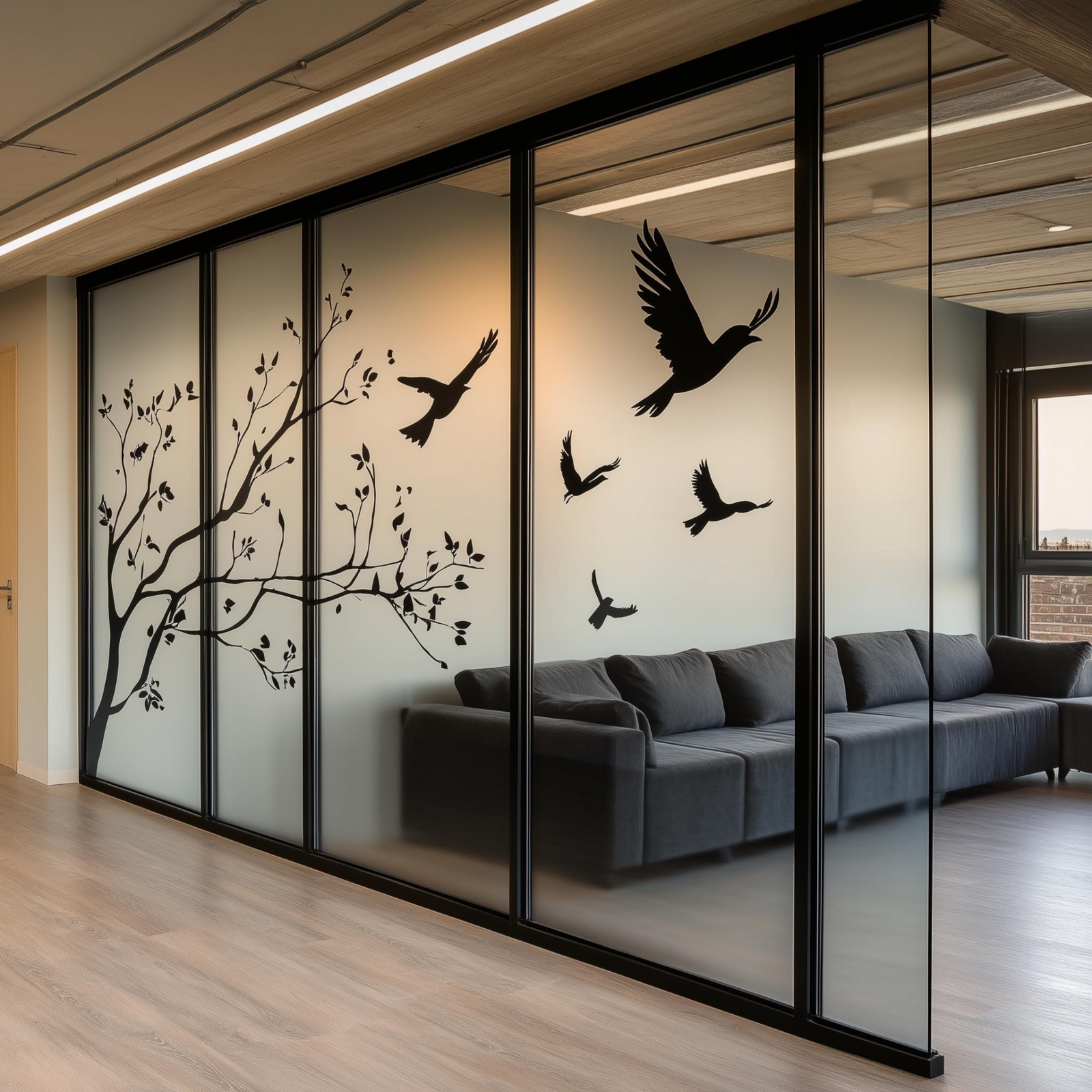 Bird Tree Window Decal | Office Glass Privacy Sticker | Flying Birds Vinyl Mural | Business Home Decor | Large Peel Stick Glass Art