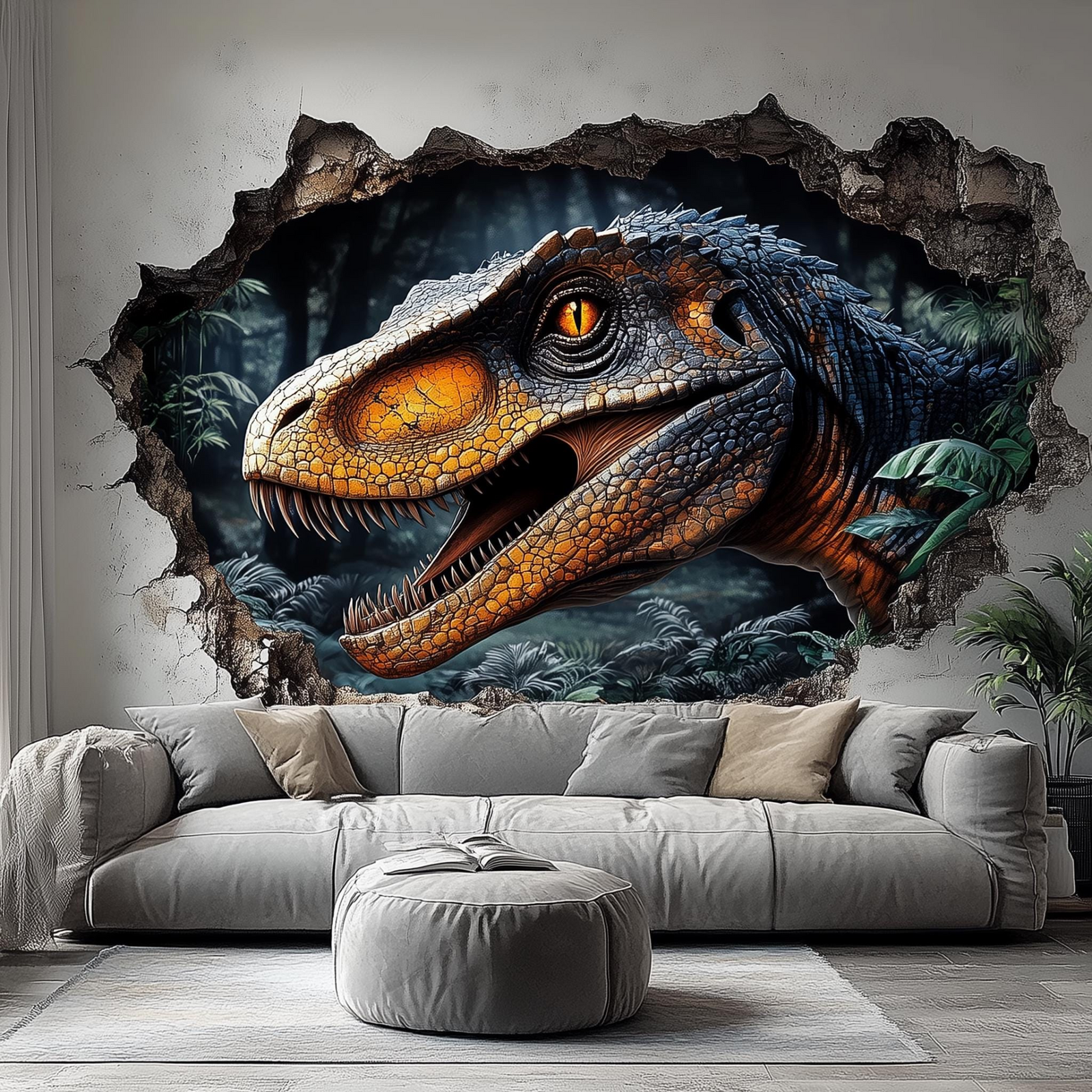 Peel and Stick Wall Mural – 3D Raptor Breakthrough Design for Kids’ Rooms and Gaming Spaces