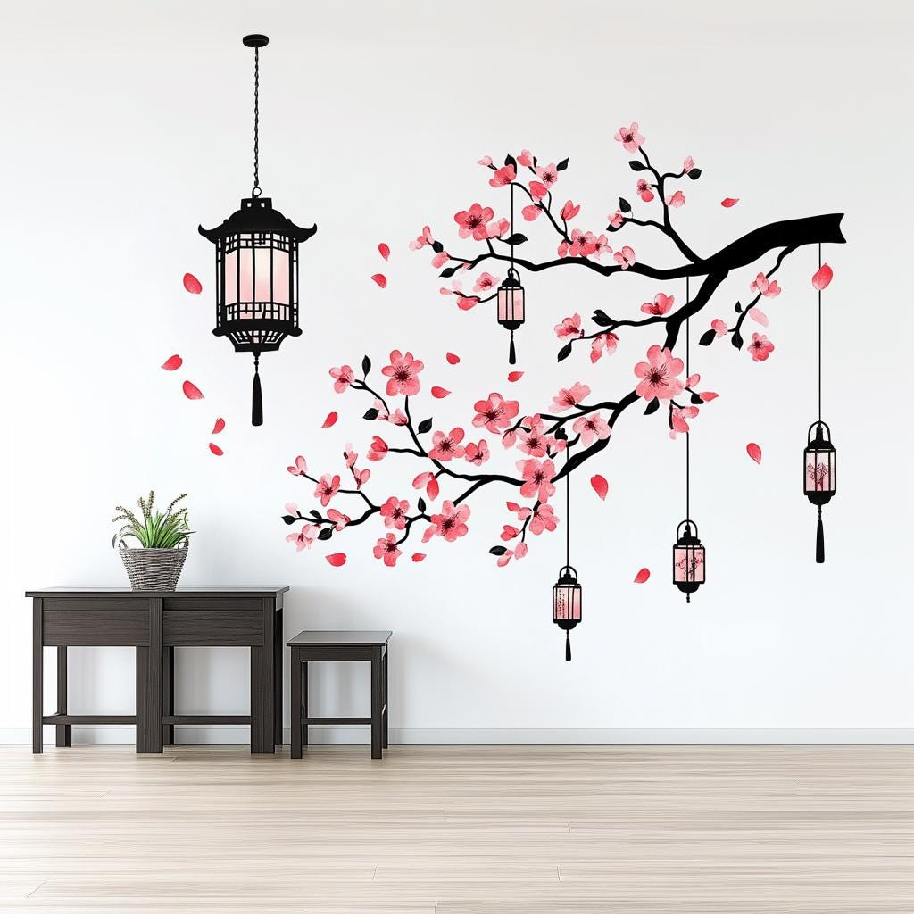 Cherry Blossom Wall Decal with Lanterns – Peel and Stick Vinyl Sakura Mural for Asian-Inspired Home Decor