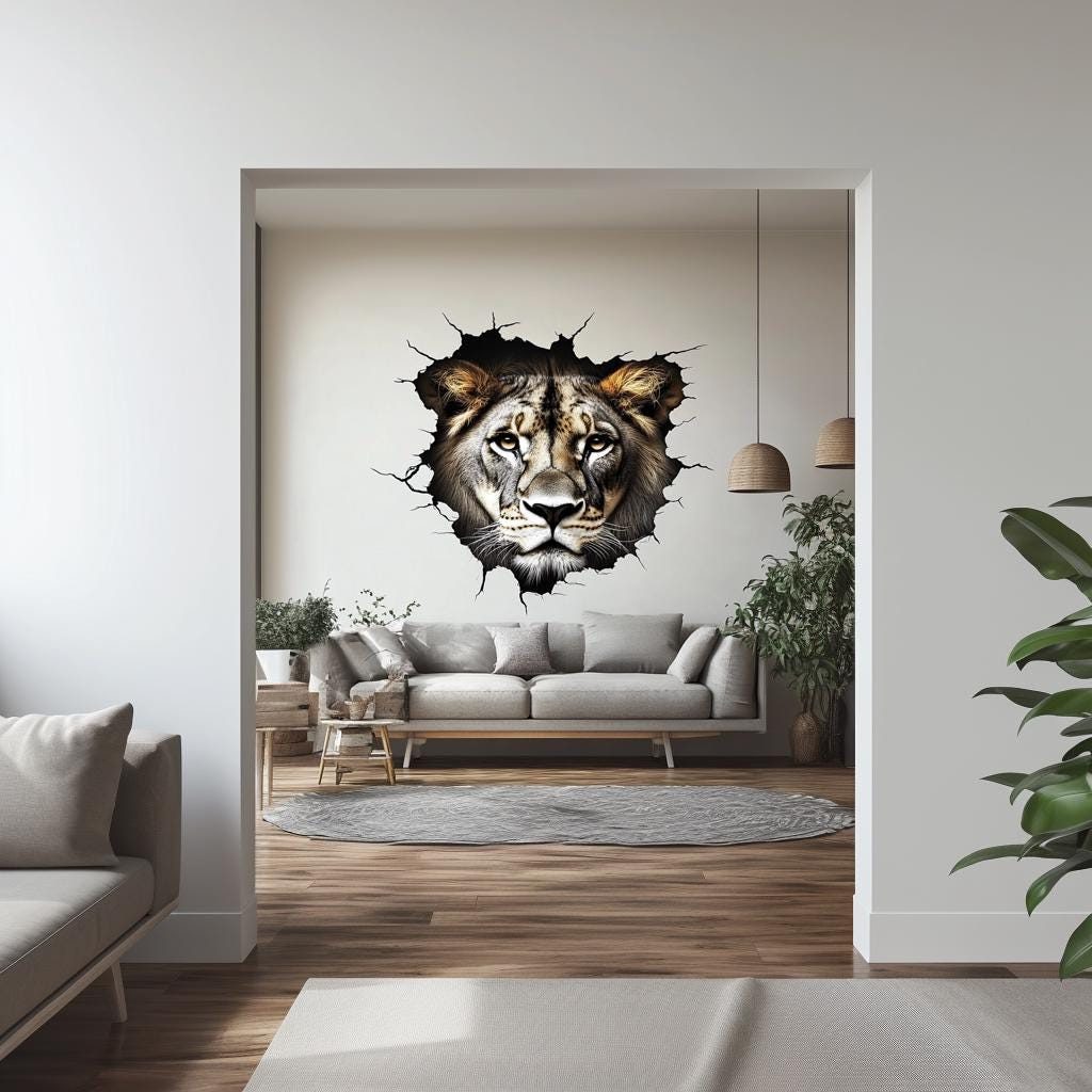 3D Lion Wall Decal – Cracked Wall Safari Vinyl Mural for Bold, High-Impact Interiors