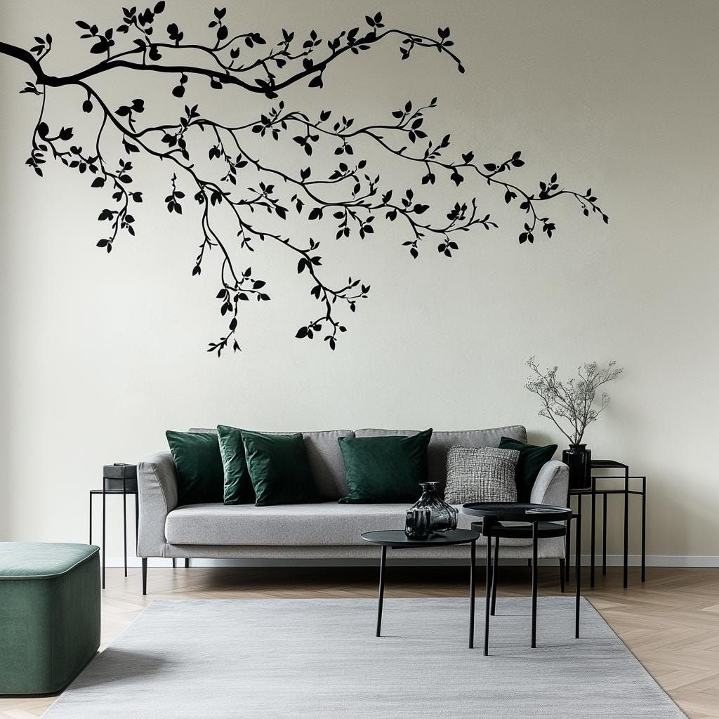 Minimalist Black Branch Wall Decal – Large Peel & Stick Botanical Vinyl for Modern Living Room