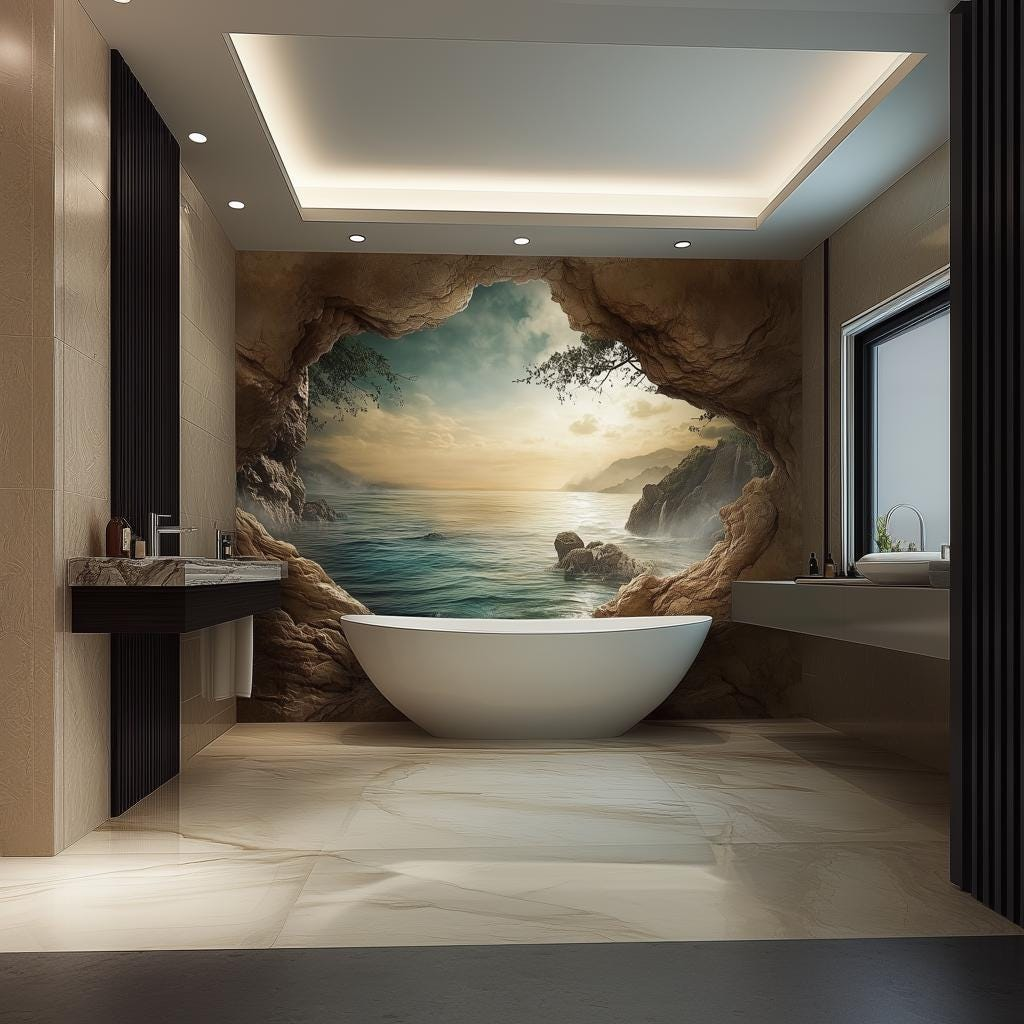 3D Ocean Cave Wall Mural – Luxury Tropical Seascape Vinyl Wallpaper for Spa-Like Interiors