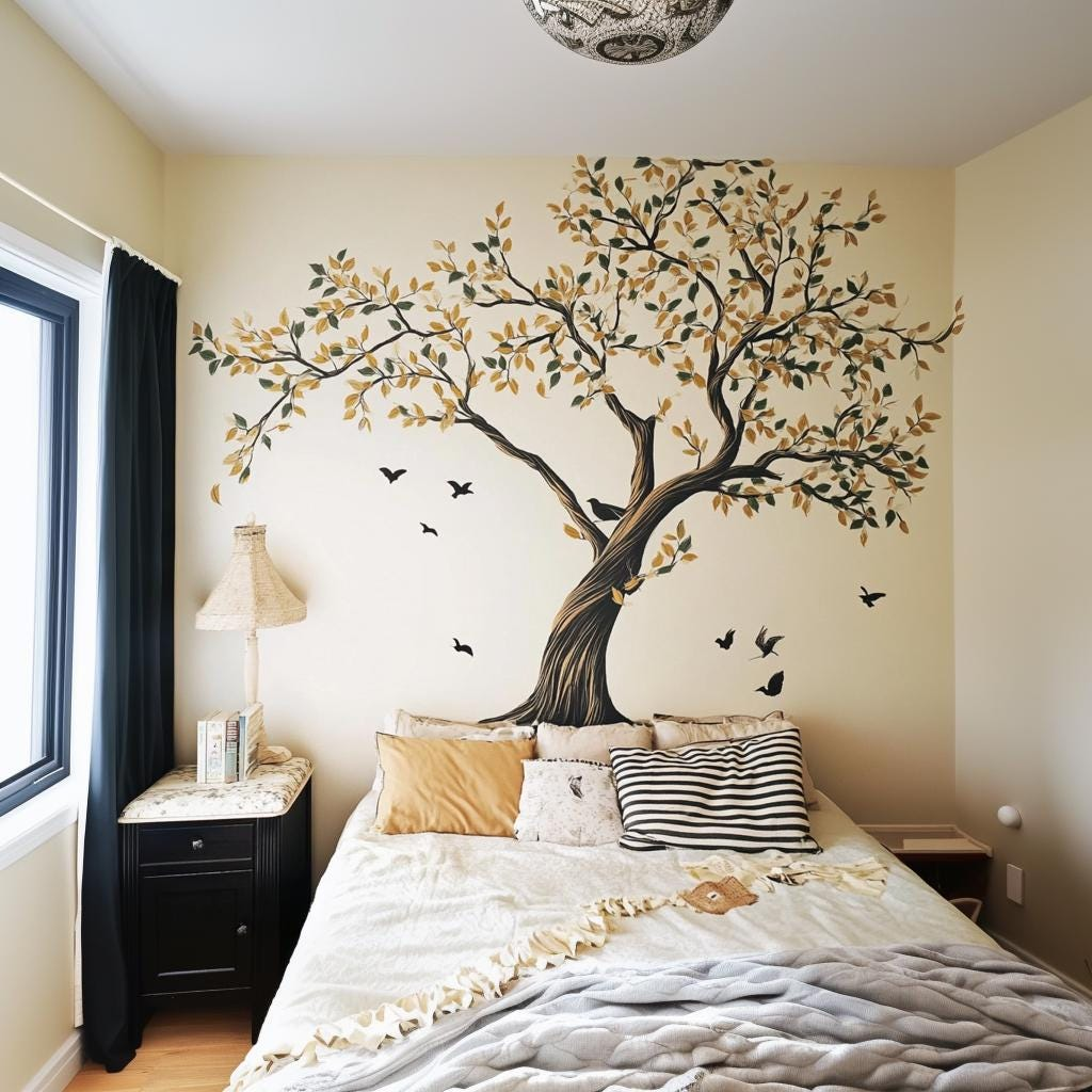 Peel and Stick Tree Wall Decal – Botanical Vinyl Wall Mural with Birds for Living Room and Bedroom Decor