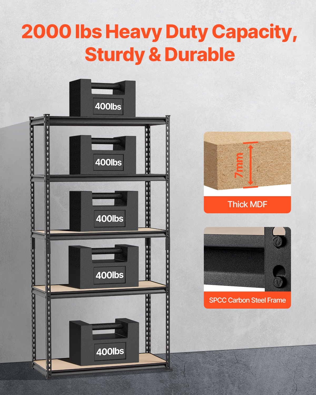 VEVOR Storage Shelves, 2000 lbs, 5 Tier Garage Storage Shelving, 16" D x 36" W x 71.4" H Adjustable Metal Shelves for Garage Shelves Utility Rack Shelf, Ideal for Kitchen, Warehouse, Basement, Black