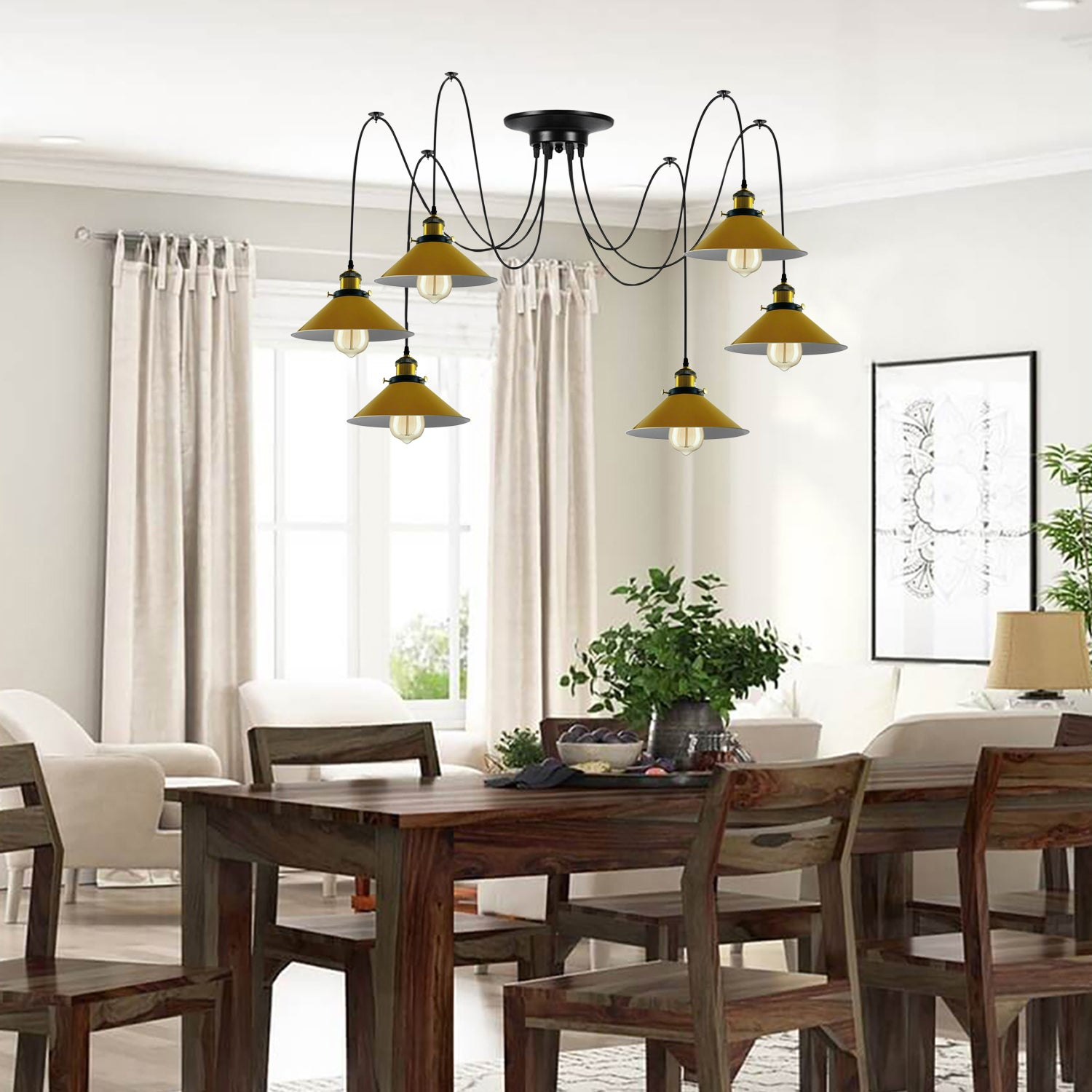 Modern Spider Pendant Chandelier – 6-Light Yellow Cone Shades Ceiling Lamp