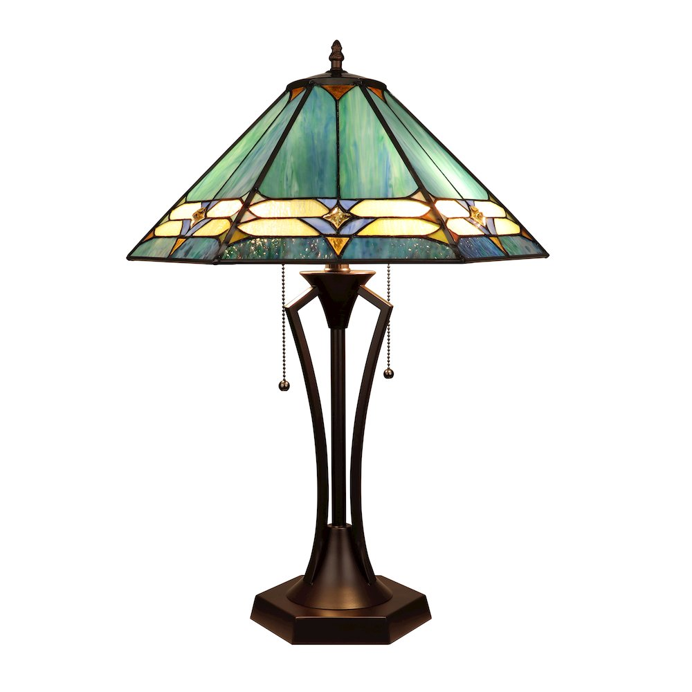 Hyland Tiffany-Style 2-Light Table Lamp with 18" Geometric Stained Glass Shade – Handcrafted Accent Lighting