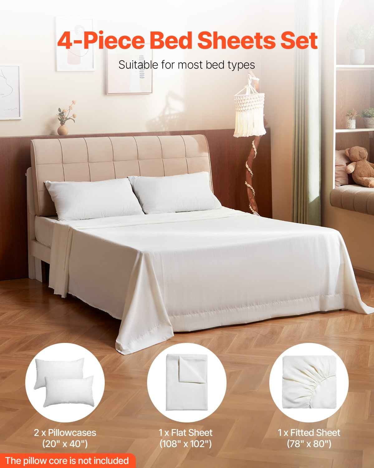 VEVOR 4-Piece Bed Sheet Set - King Size, 100% Brushed Microfiber Bedding Set with 2 Pillowcases, 1 Flat Sheet & 1 Fitted Sheet, Breathable & Wrinkle-Resistant Luxury Bed Sheets for Hotels, Bedrooms
