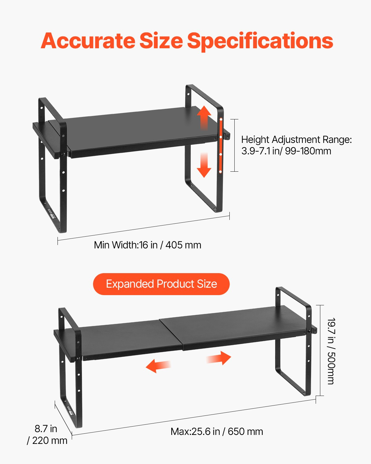 VEVOR Adjustable 2-Tier Kitchen Cabinet Shelf Organizer – Expandable & Stackable Storage Riser (Black)