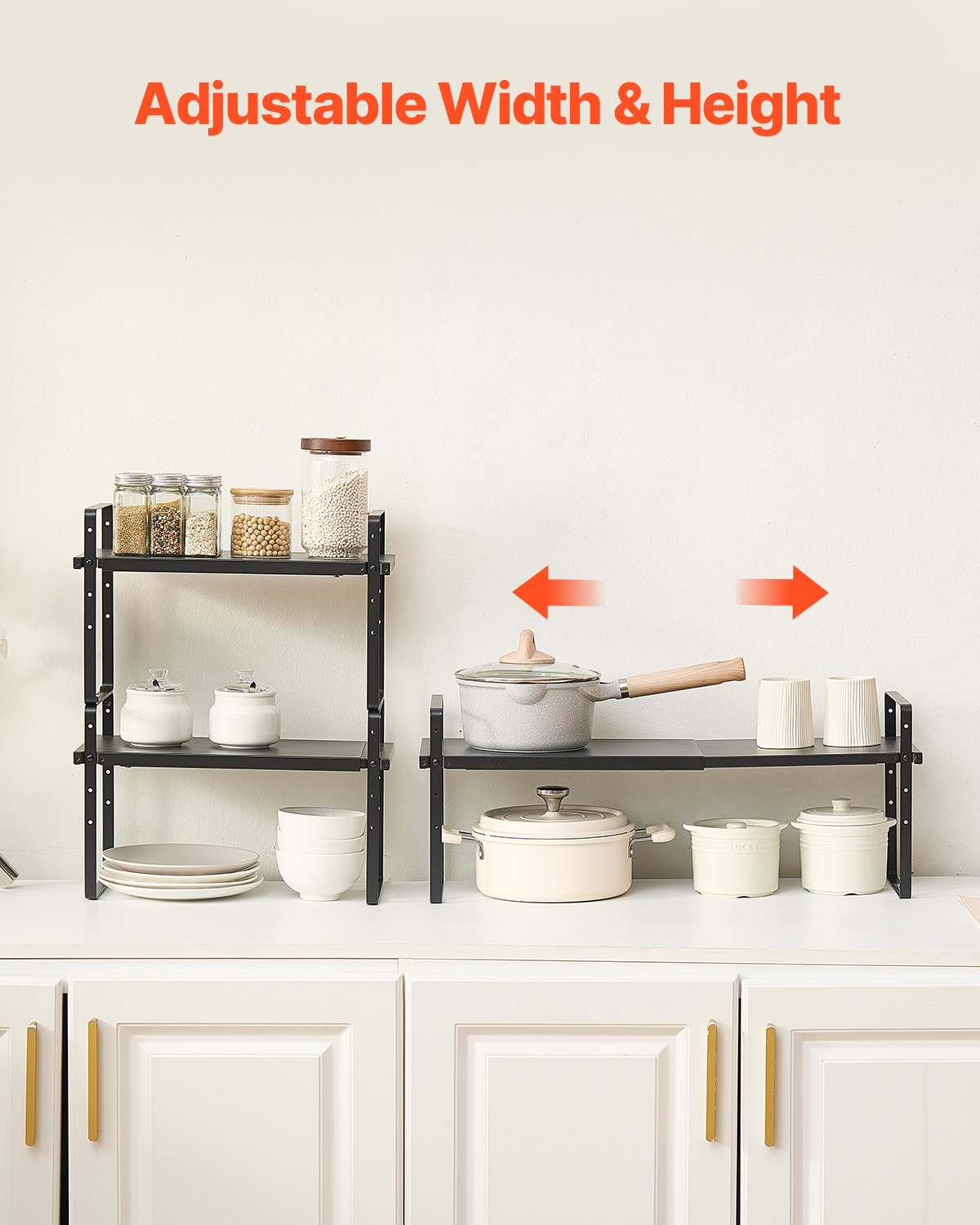 VEVOR Adjustable 2-Tier Kitchen Cabinet Shelf Organizer – Expandable & Stackable Storage Riser (Black)