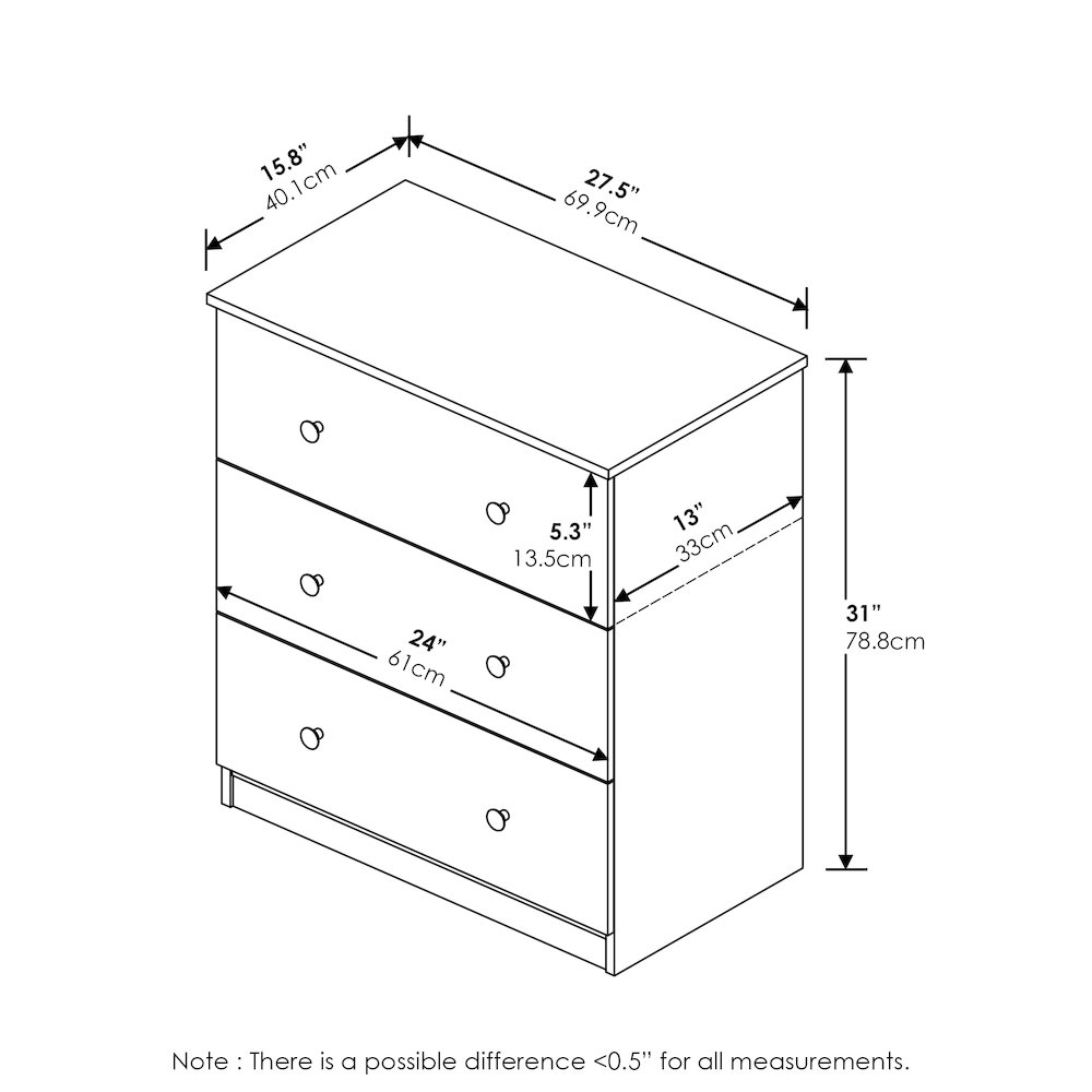 Simple Design 3-Drawer Bedroom Chest Dresser with Knob Handles, Americano Engineered Wood Storage Cabinet