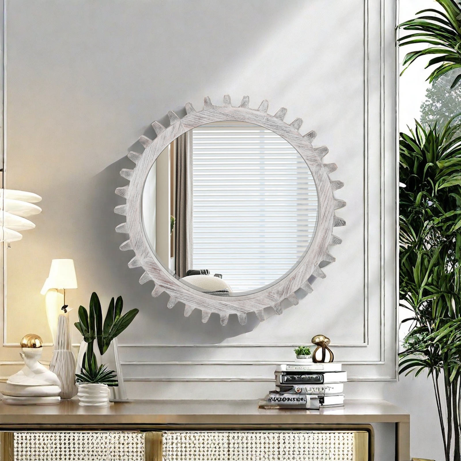 Vintage 26'' x 26'' Wall Wood Round Hanging Gear Shape Heavy Decorative Mirror For Bathroom Living Room Entryway Or Put Together To Your Liking.(Antique White Washed)
