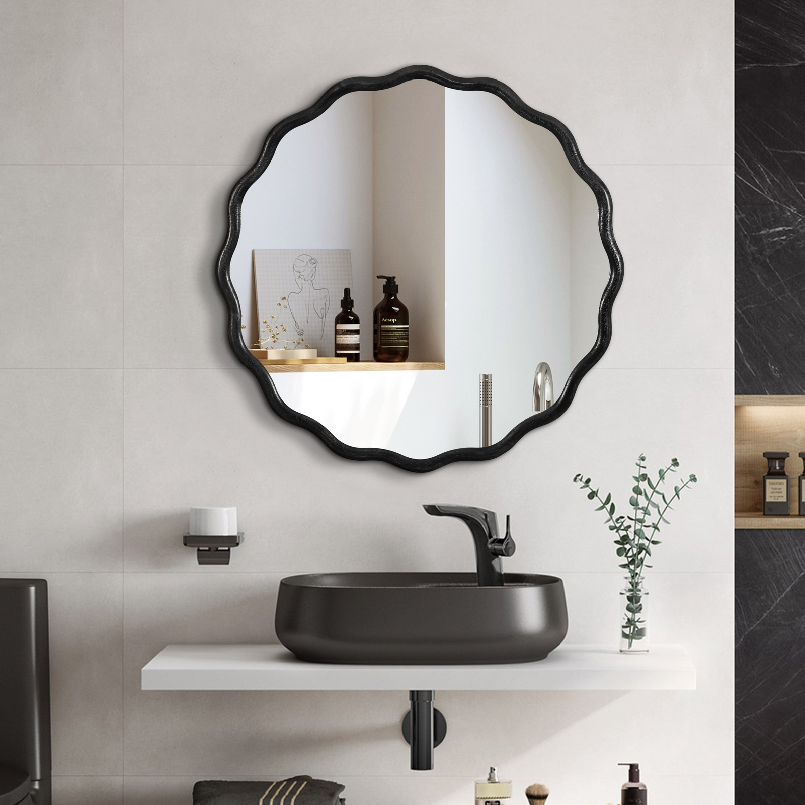 Solid Wood Wavy Mirror-Black Vanity Mirror Wall Decor 36' x 36' Modern Mirror Wall Decor for Bathroom, Bedroom, Living Room, Dining Room, Cloakroom, Entryway