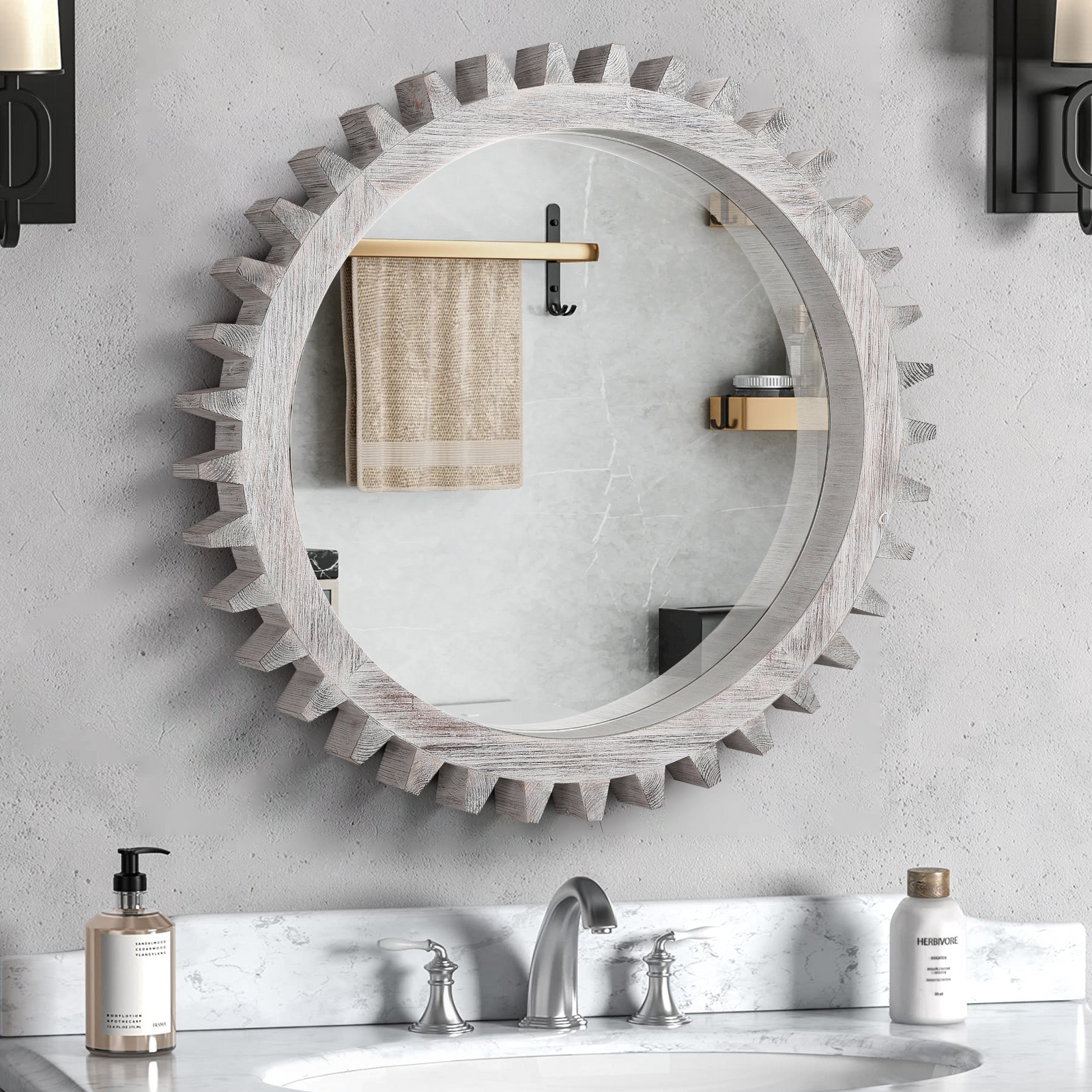 Vintage 34'' x 34'' Wood Round Hanging Gear Shape Heavy Decorative Mirror For Bathroom Living Room Entryway Or Put Together To Your Liking.(Antique White Washed)