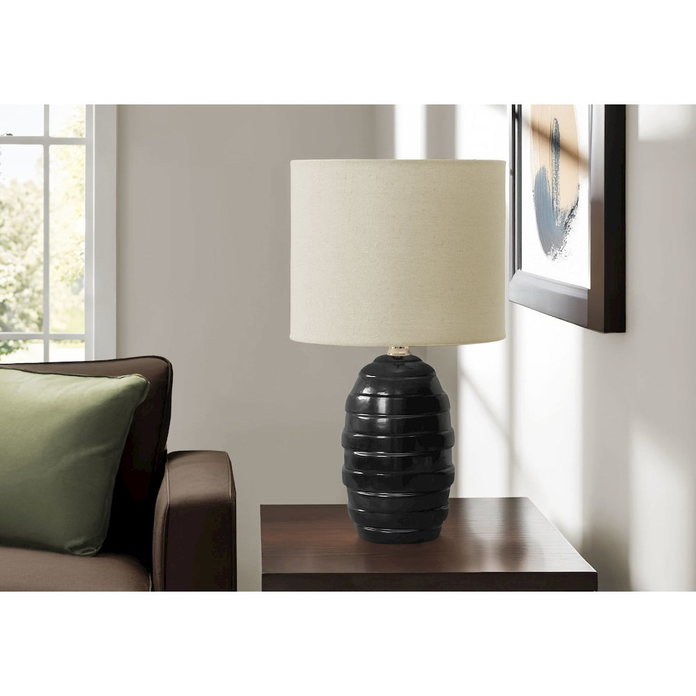17"H Table Lamp – Black Ceramic Elongated Beehive Base with Beige Fabric Shade, Contemporary Modern Accent