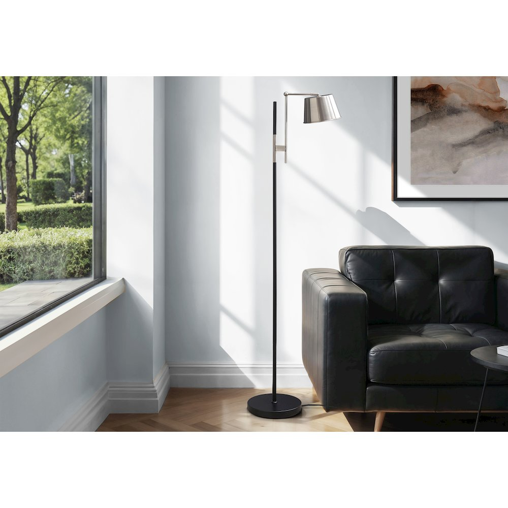 65"H Black Metal Floor Lamp with Nickel Shade – Contemporary Industrial
