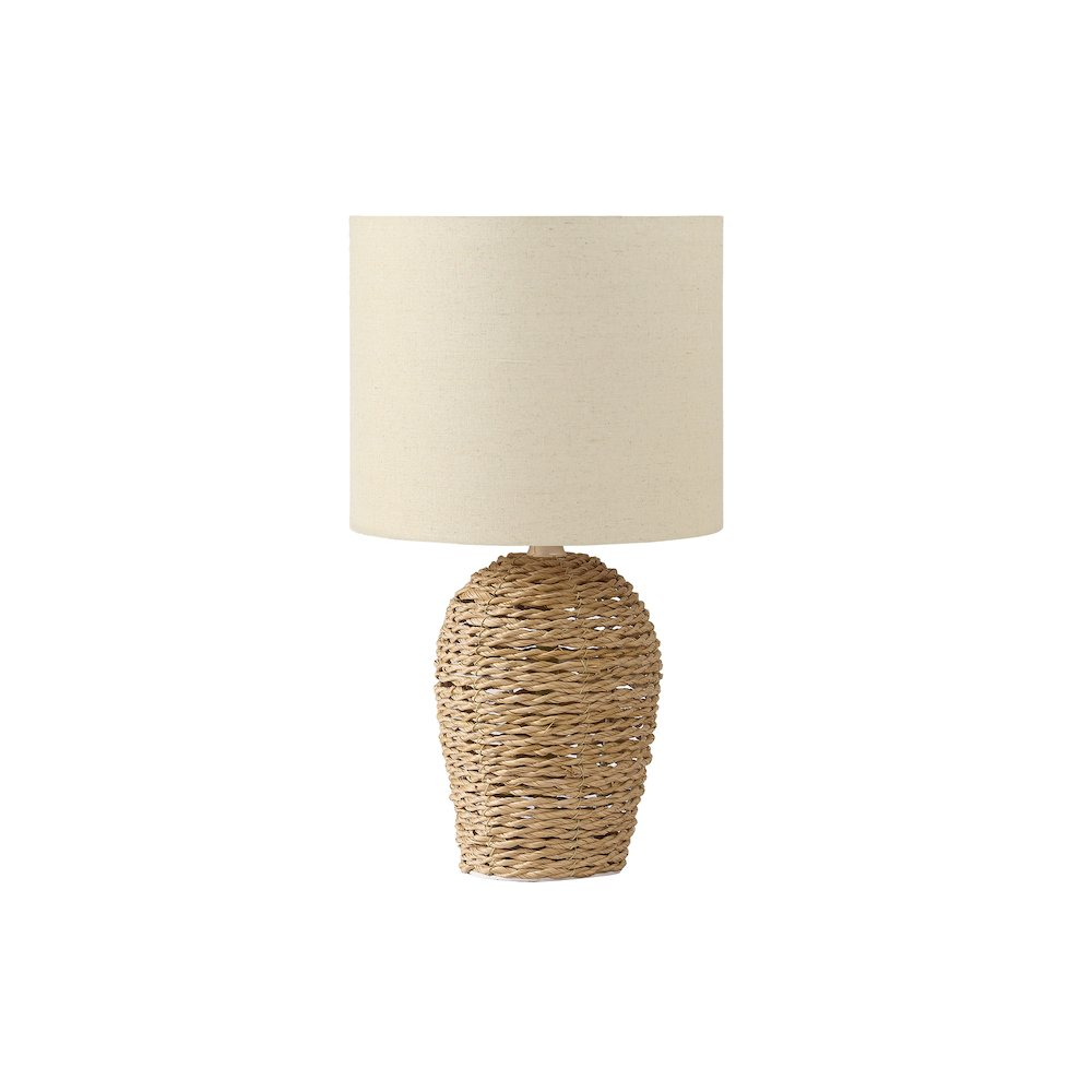 17"H Table Lamp – Natural Rattan Base with Beige Linen-Blend Shade, Transitional Decorative Accent