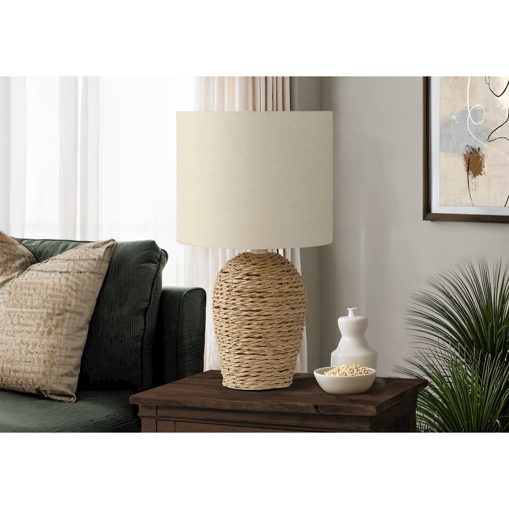 17"H Table Lamp – Natural Rattan Base with Beige Linen-Blend Shade, Transitional Decorative Accent