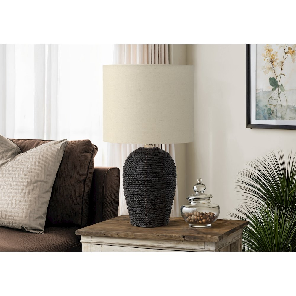 17"H Transitional Table Lamp – Black Rattan Base with Beige Linen Shade