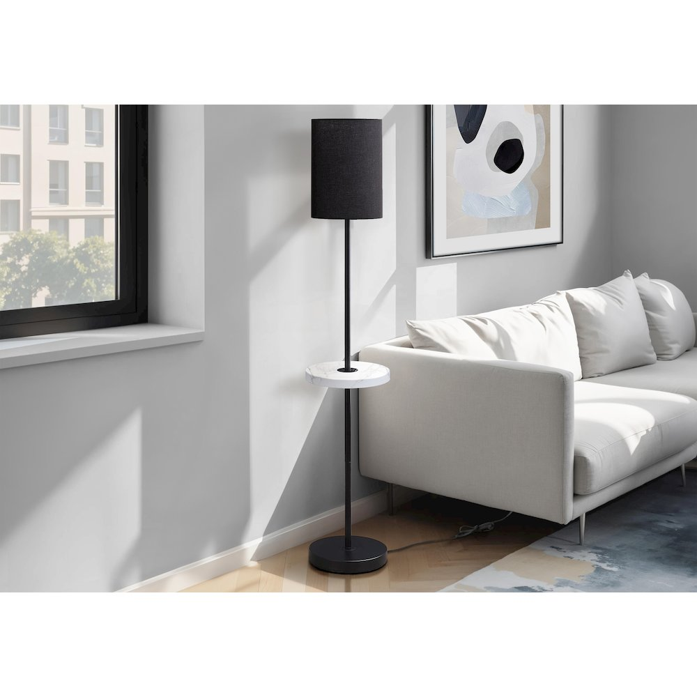 62"H Black Metal Floor Lamp with White Marble Shelf – Contemporary Modern