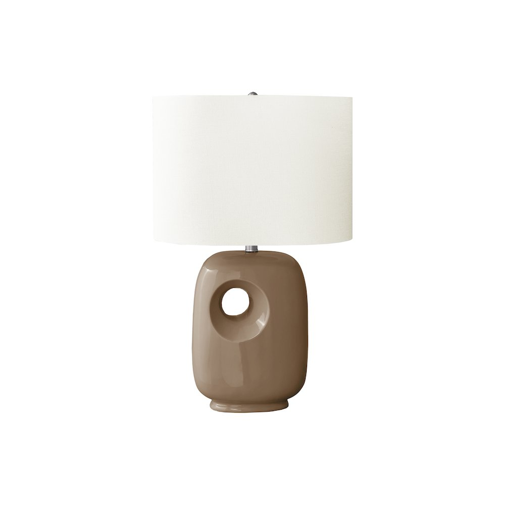 26"H Table Lamp – Brown Ceramic Base with Cut-Out Design & Ivory Linen Shade, Contemporary Modern Accent