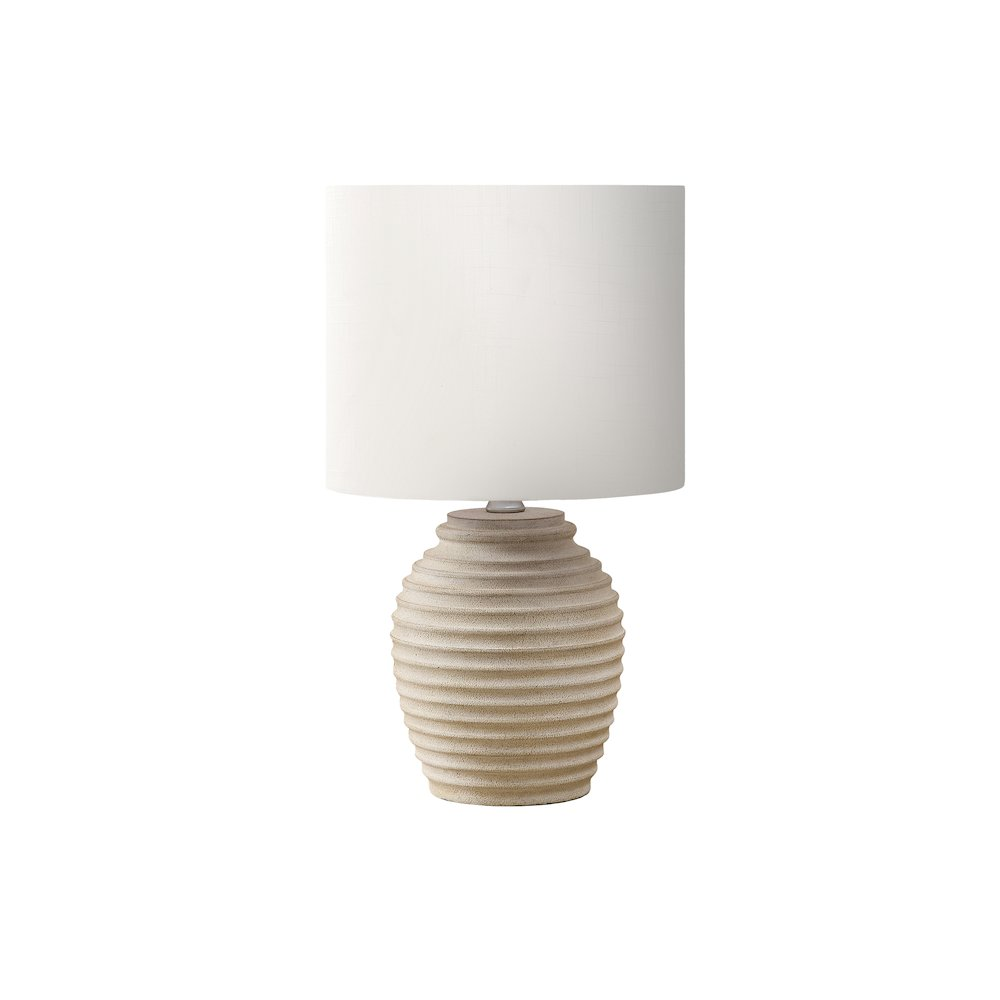 17"H Table Lamp – Beige Resin Ribbed Base with Ivory Fabric Shade, Contemporary Modern Accent