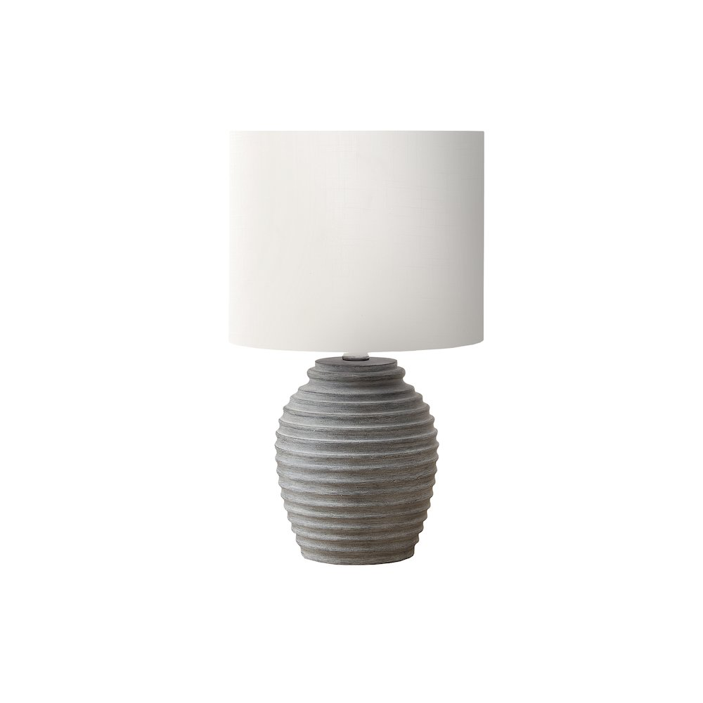17"H Table Lamp – Grey Ribbed Resin Base & Ivory Drum Shade, Contemporary Modern Accent