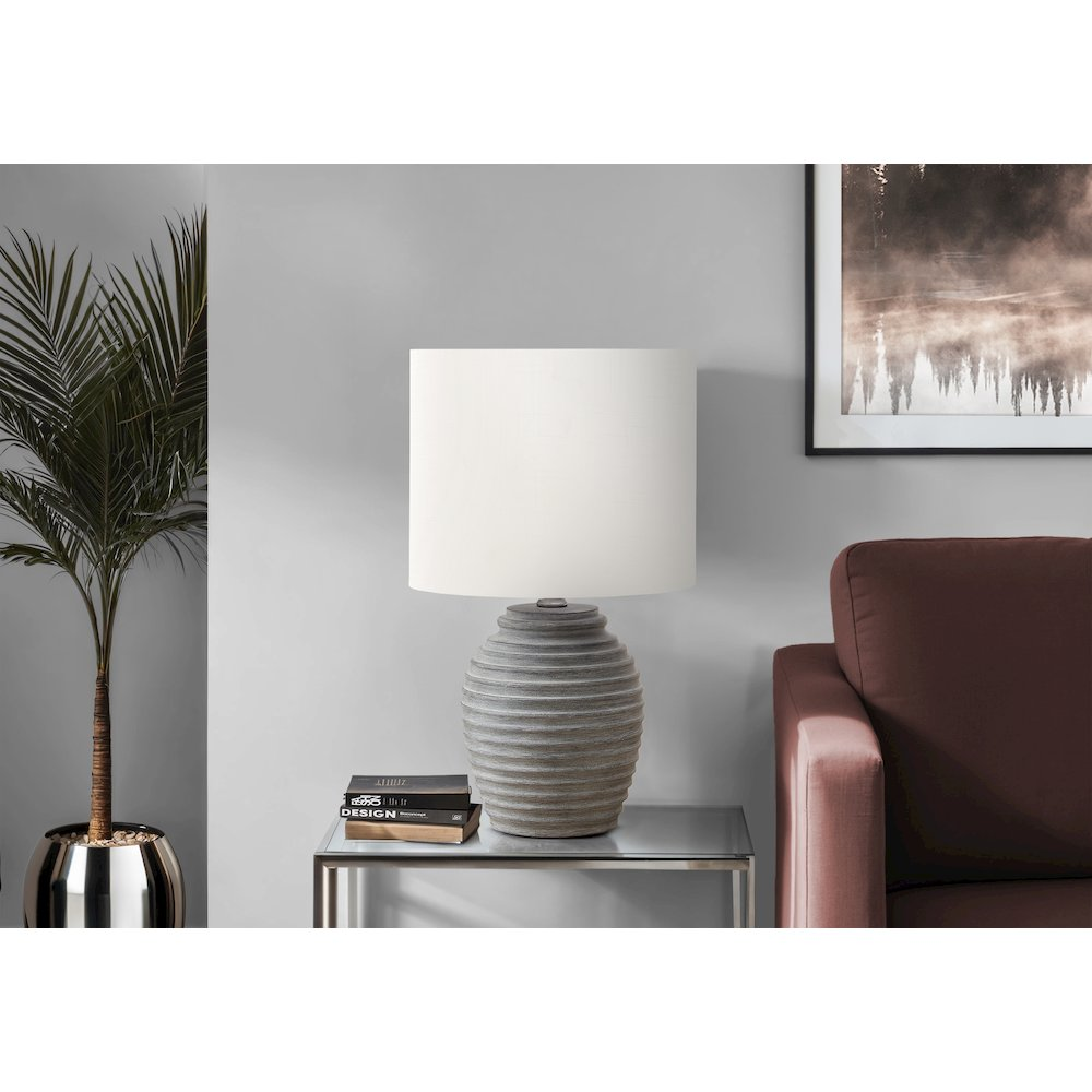 17"H Table Lamp – Grey Ribbed Resin Base & Ivory Drum Shade, Contemporary Modern Accent