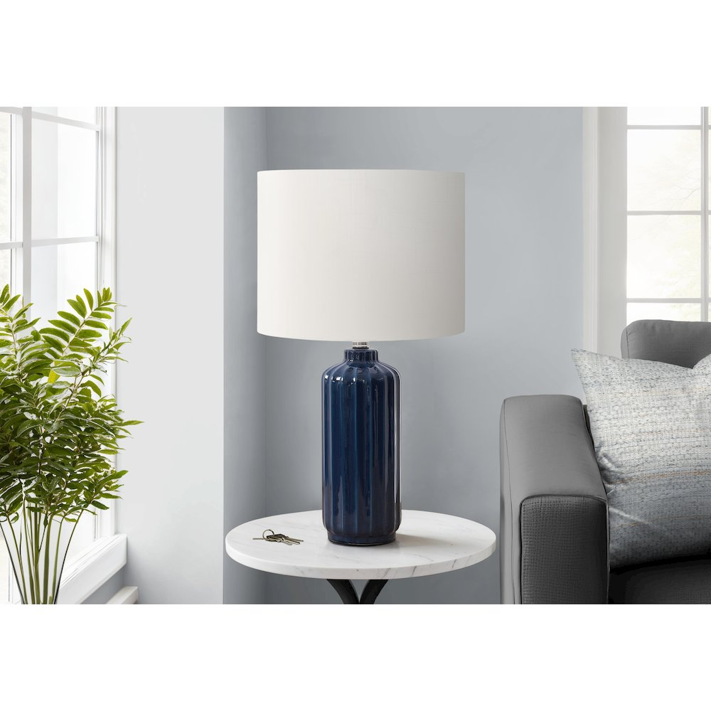 23"H Table Lamp – Glossy Blue Ceramic Base & Ivory Drum Shade, Contemporary Modern Accent