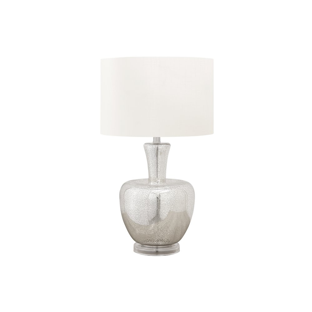 26"H Table Lamp – Silver Glass with Clear Acrylic Base & Ivory Drum Shade, Contemporary & Modern