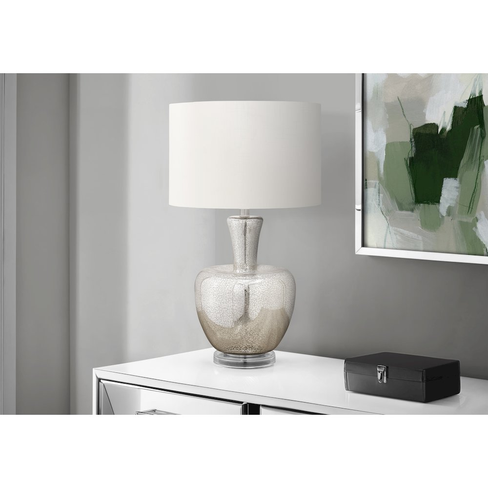 26"H Table Lamp – Silver Glass with Clear Acrylic Base & Ivory Drum Shade, Contemporary & Modern