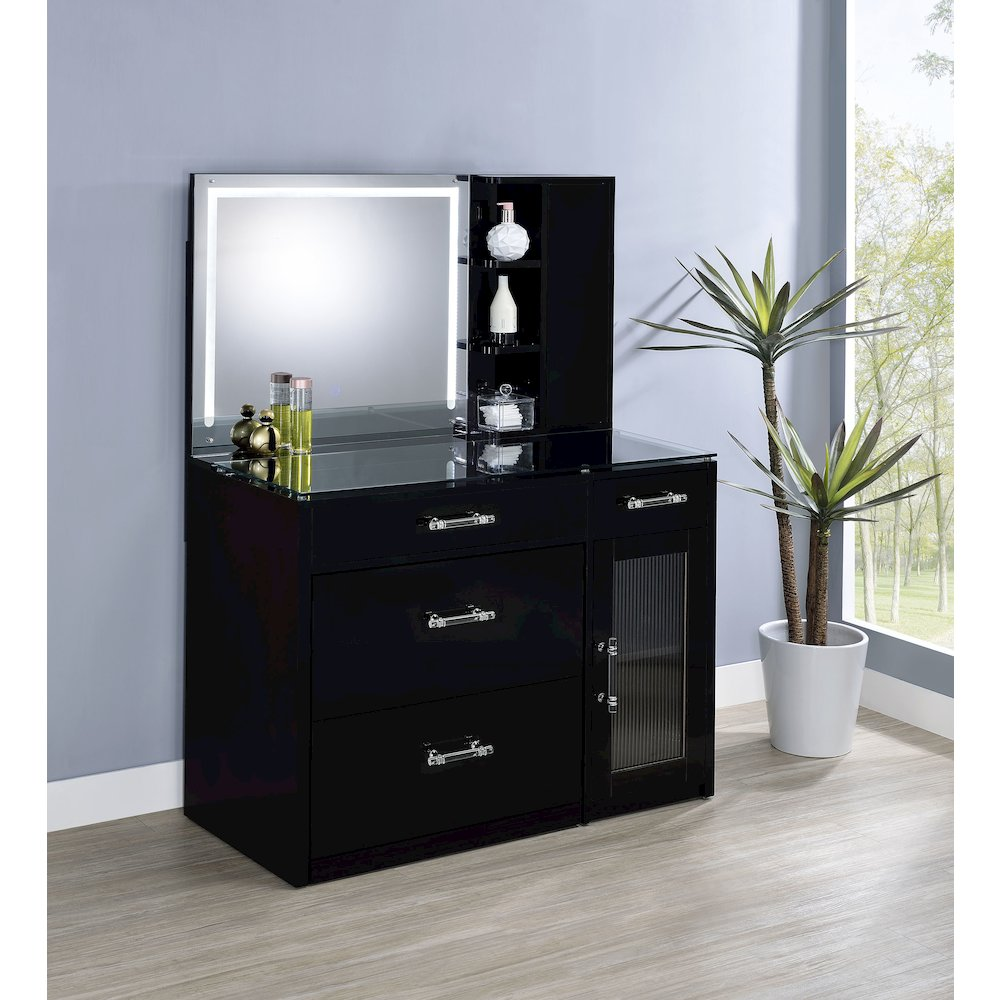 Flora 2-Drawer Vanity Set with LED Mirror – Black High Gloss Makeup Desk with Storage Cabinet