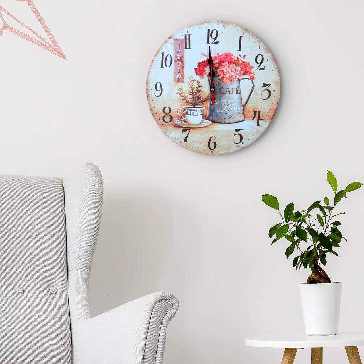 Round Cafe Cup and Flowers Ticking  Shabby Chic Wall Clock ~5485
