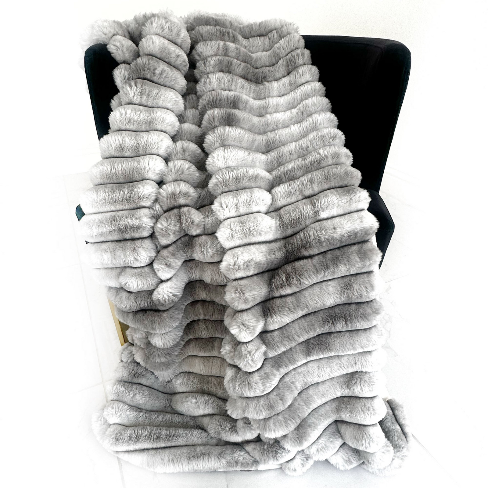 Plutus Gray Silver Luxe Bunny Faux Fur Luxury Throw Blanket – Reversible Plush Accent
