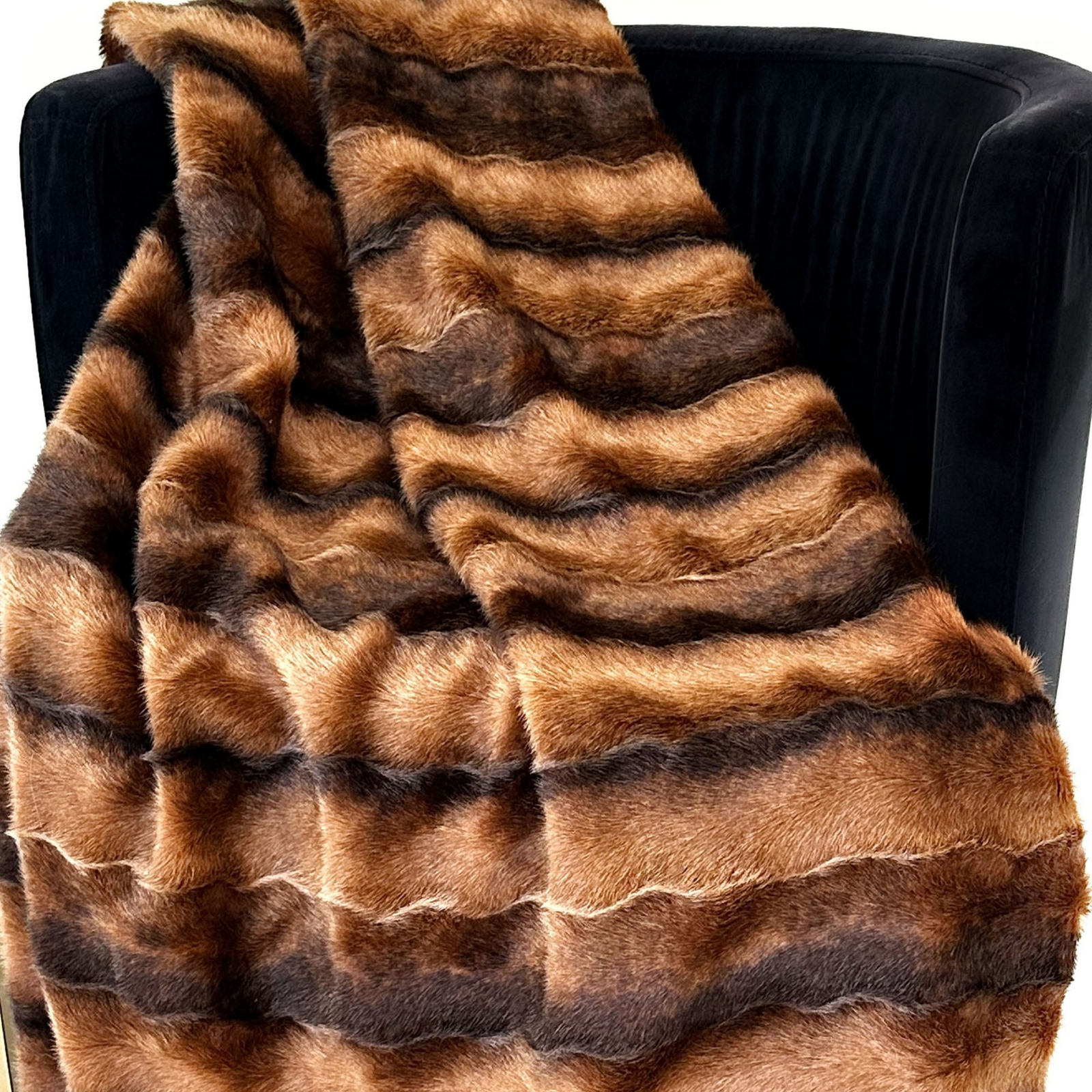 Plutus Brown Striped Chestnut Luxe Faux Fur Throw Blanket – Reversible Luxury Accent