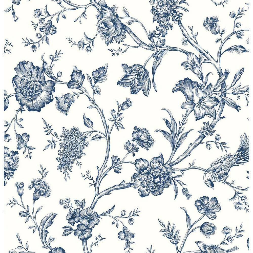 Navy Blue Jasmine Chinoiserie Vinyl Peel and Stick Wallpaper Roll 40.5 sq. ft.