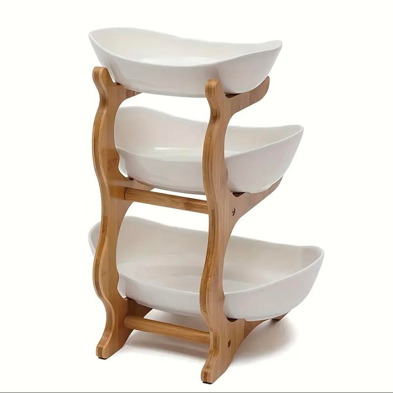3-Tier Oval Fruit Basket with Bamboo Stand - Durable Polypropylene Kitchen Storage Rack, Natural Bamboo Finish, Refrigerator Ice Tray Replacement, Modern Elegant Design for Showers, Fruit Basket for Kitchen, Party Serving Tray, Stylish Storage Solution