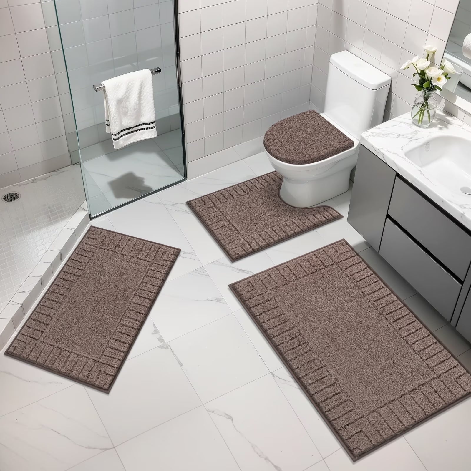 Bathroom Rugs Set of 4 Piece, Bath Mats, Microfiber Non Slip Shaggy Ultra Soft Bathroom Runner with U Shaped Contour Toilet Mat for Bathroom, Shower Inside Floor, Gray