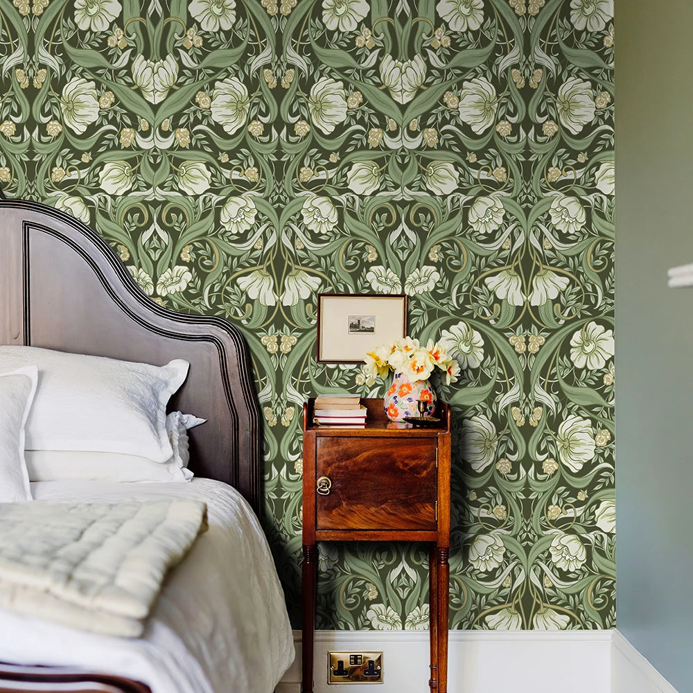 Green Boho Floral Vinyl Peel and Stick Wallpaper