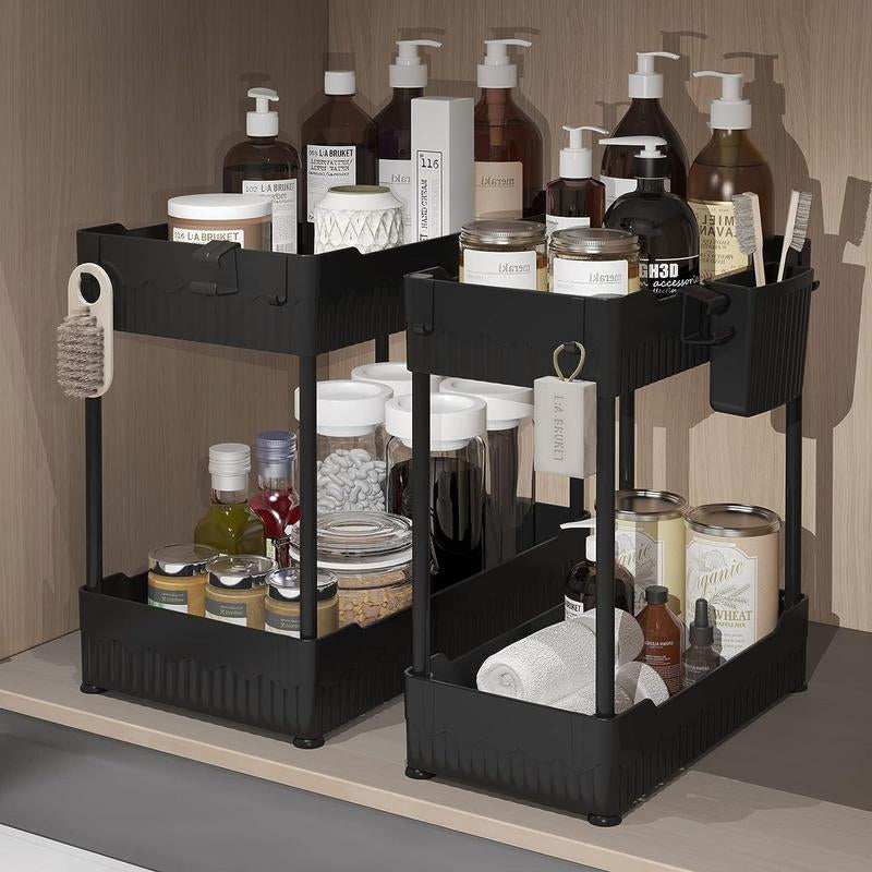 2-Pack Under Sink Organizer with Hooks and Hanging Cups – Multi-Purpose Storage Shelf for Bathroom and Kitchen Cabinets, Black”
