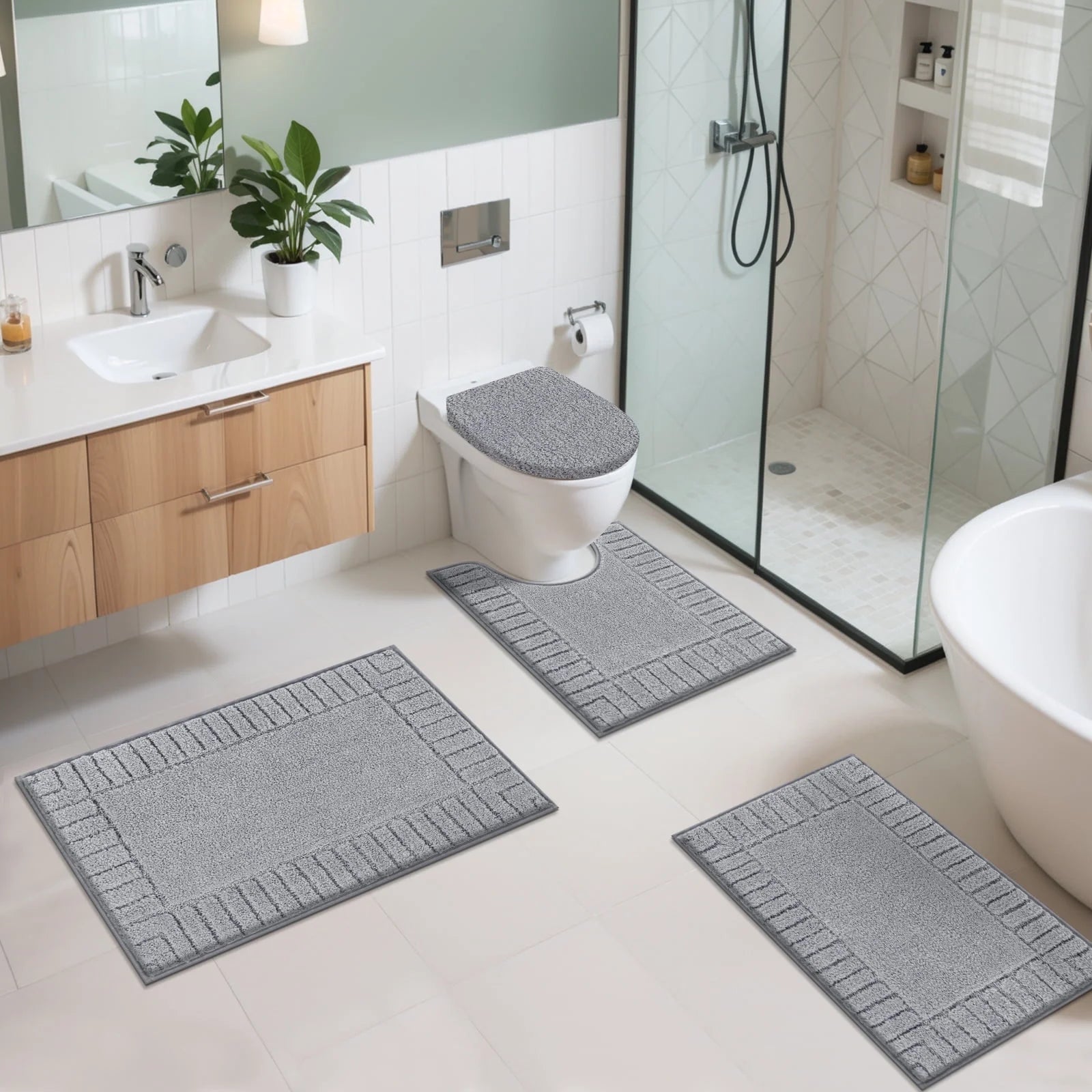 Bathroom Rugs Set of 4 Piece, Bath Mats, Microfiber Non Slip Shaggy Ultra Soft Bathroom Runner with U Shaped Contour Toilet Mat for Bathroom, Shower Inside Floor, Gray