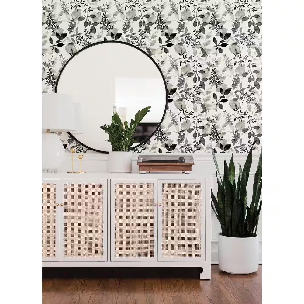 Black Breezy Floral Botanical Vinyl Peel and Stick Wallpaper Roll