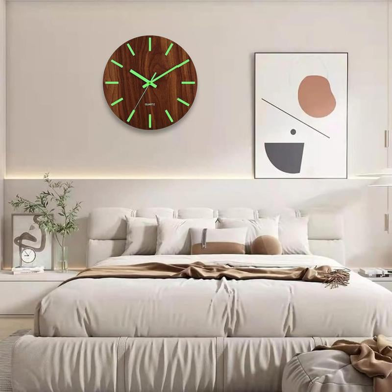 12" Luminous Wooden Wall Clock – Silent Non-Ticking Quartz, Large Numbers & Hands, Easy to Read Day & Night