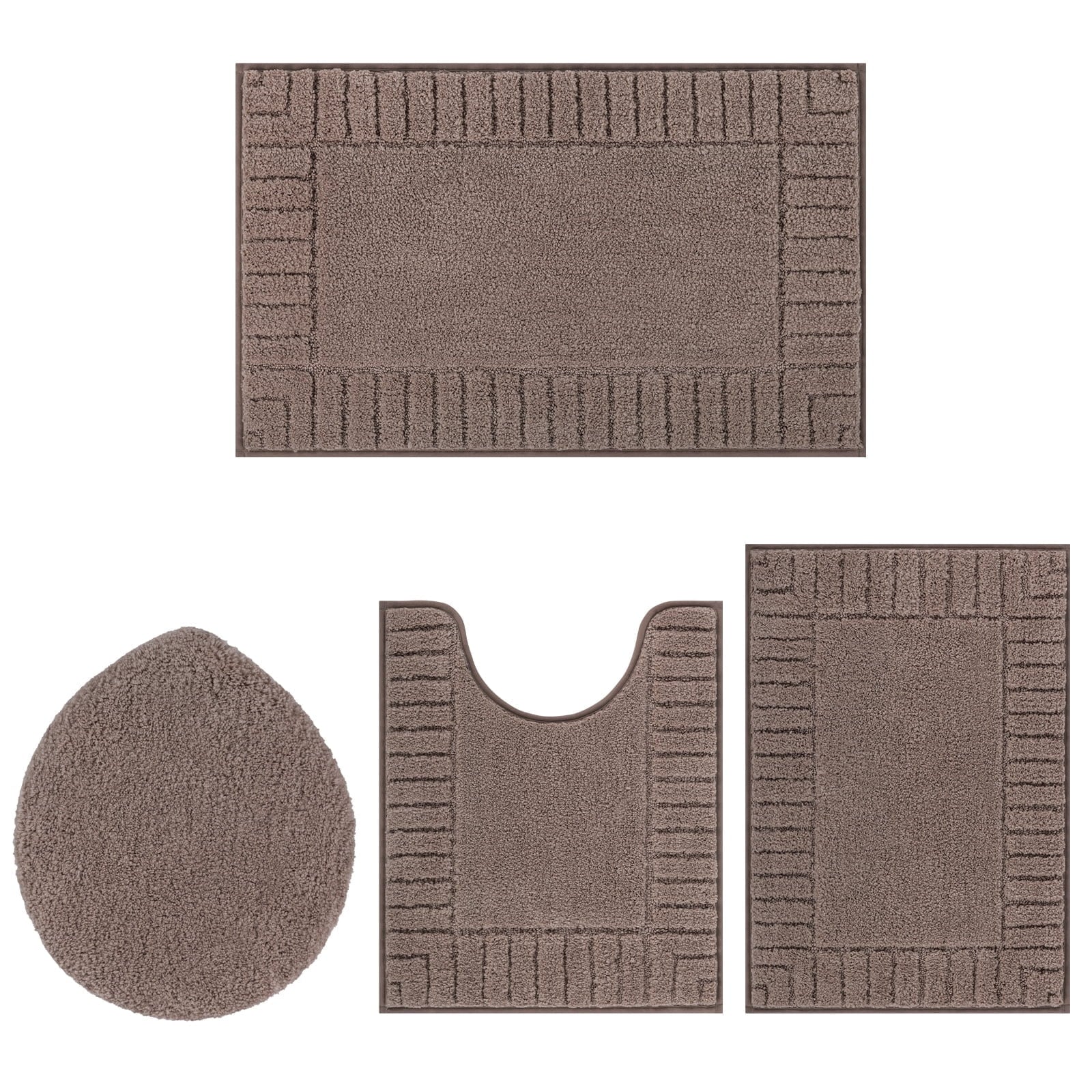 Bathroom Rugs Set of 4 Piece, Bath Mats, Microfiber Non Slip Shaggy Ultra Soft Bathroom Runner with U Shaped Contour Toilet Mat for Bathroom, Shower Inside Floor, Brown