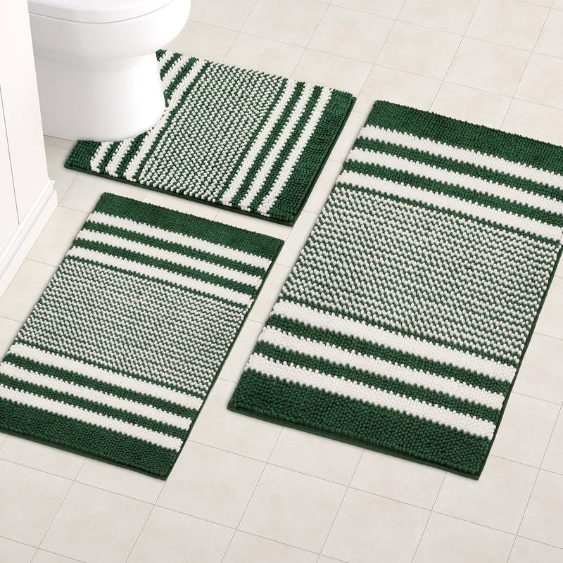 Green Bathroom Rug Set, 3-Piece Ultra Soft Non-Slip Chenille Bath Mats, Plush Absorbent Toilet & Floor Mats