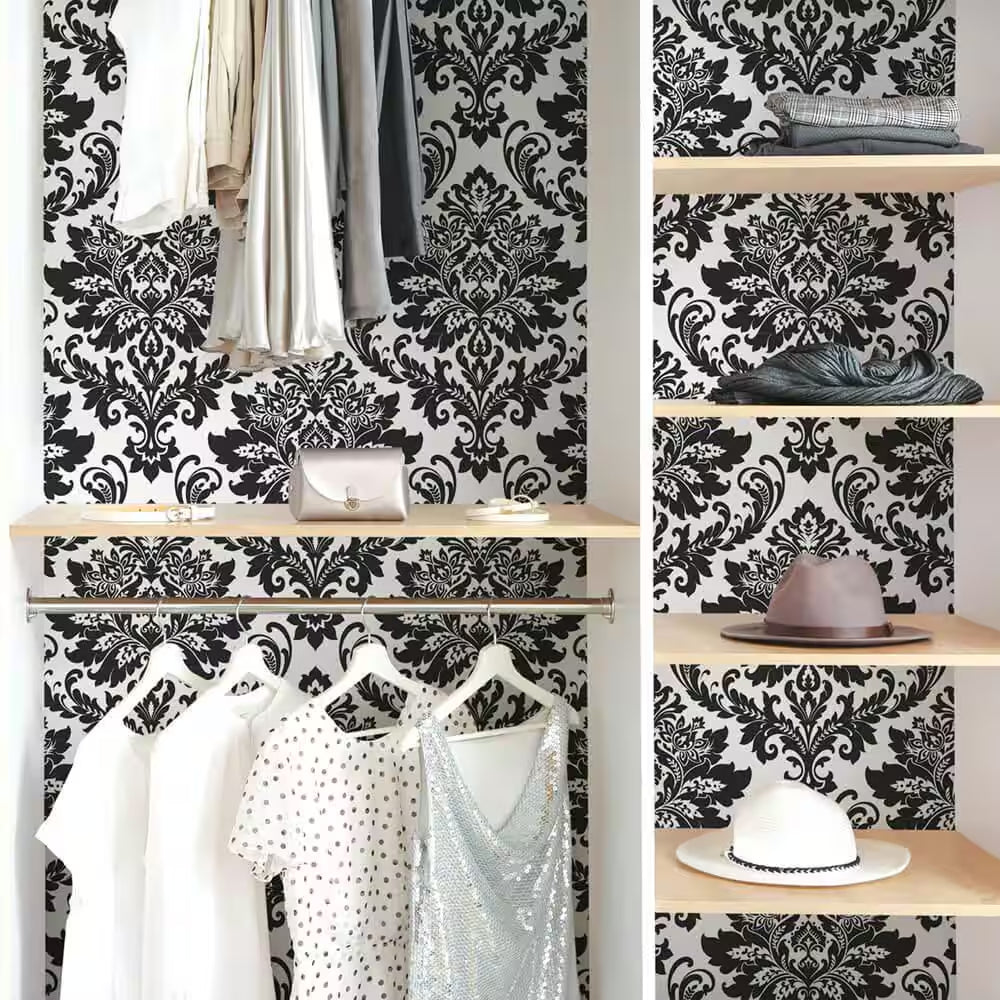 Black and White Damask Vinyl Peel and Stick Wallpaper Roll (Covers 30.75 Sq. Ft.)