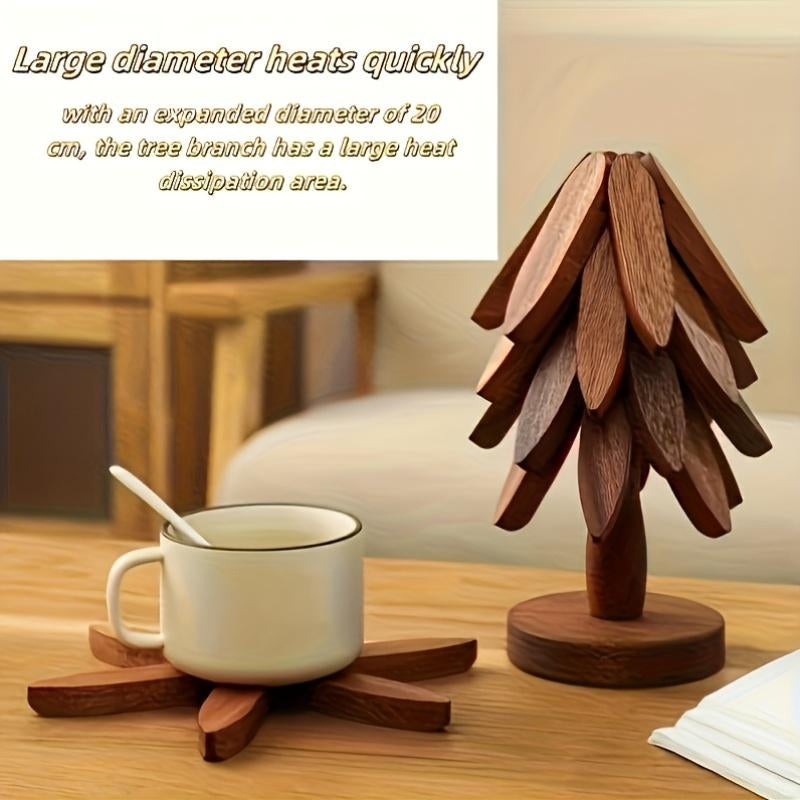 Set of 4pcs Heat-Resistant Tree Design Wooden Trivets, High-Temp Resistant Kitchen Decorative Placemat, Table Mats, Pot Holders & Coasters, Ideal Christmas Gift