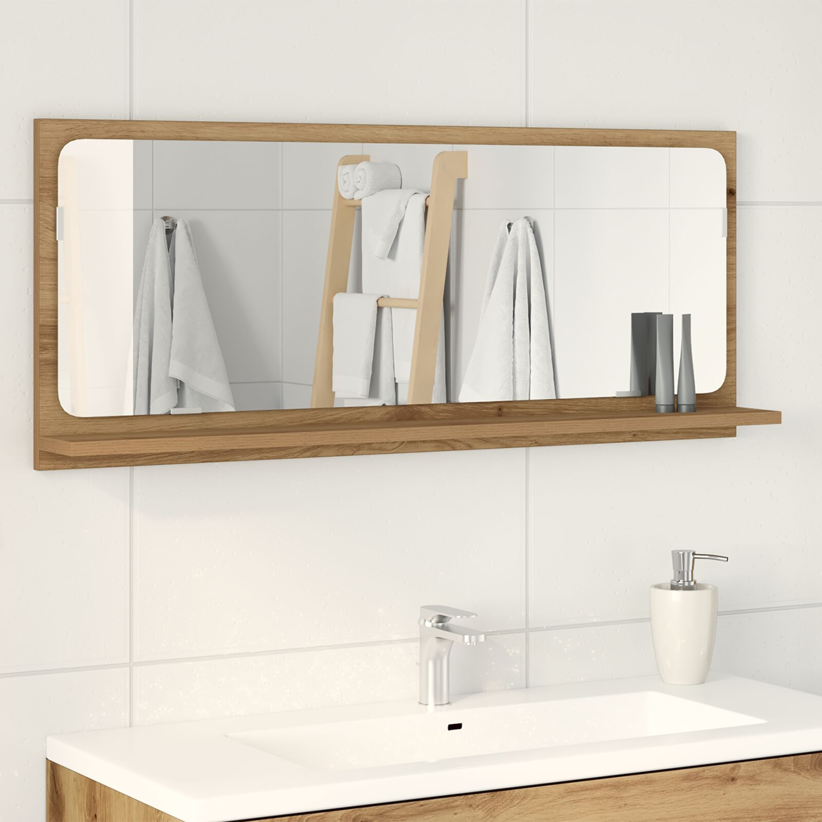 vidaXL Mirror Shelf with Shelf Artisan oak 35.43 x 4.13 x 14.57 in