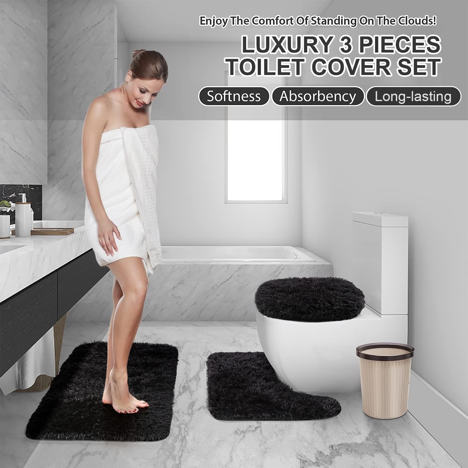 3 Piece Thicken 0.4" Bath Mat Set, Black Bathroom Rug, Contour Mat and Toilet Seat Cover, Super Long Soft Microfiber Water Absorbent and Non Slip Bathroom Rug Set with PVC Point Rubber Backing (Black)