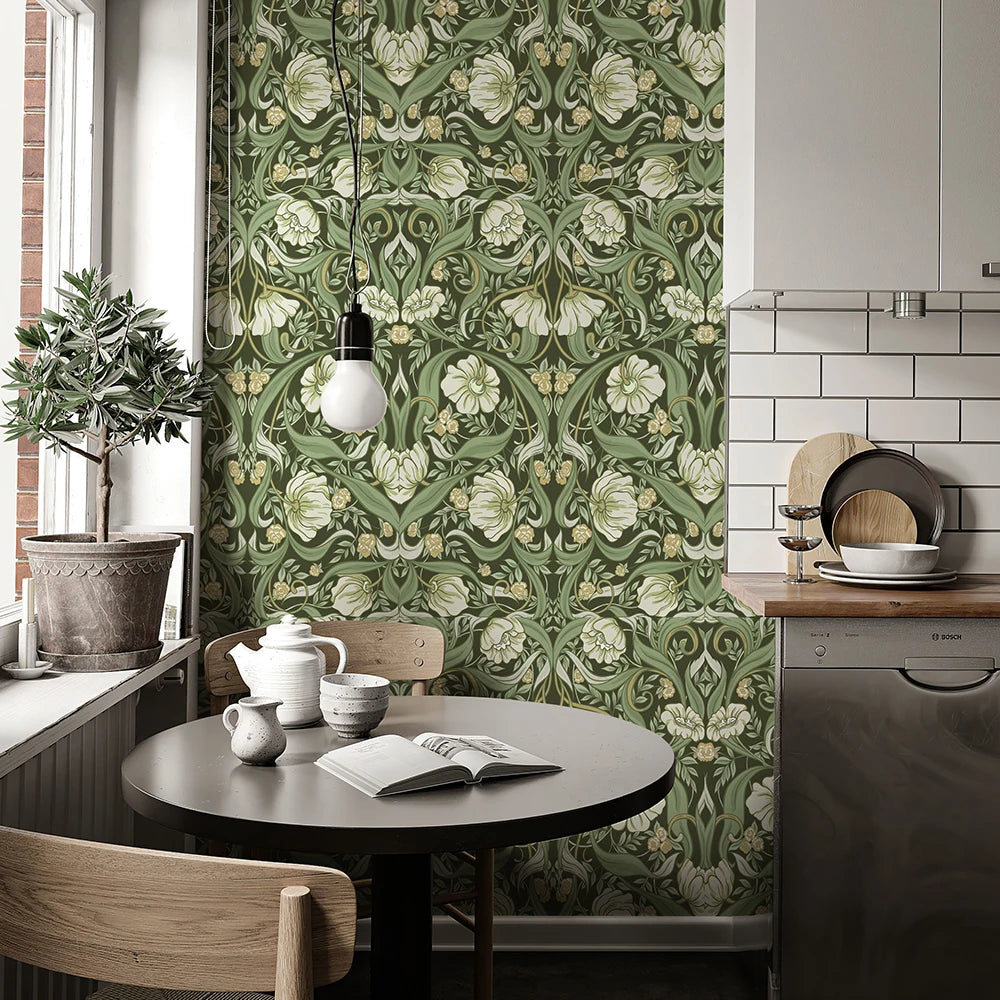 Green Boho Floral Vinyl Peel and Stick Wallpaper